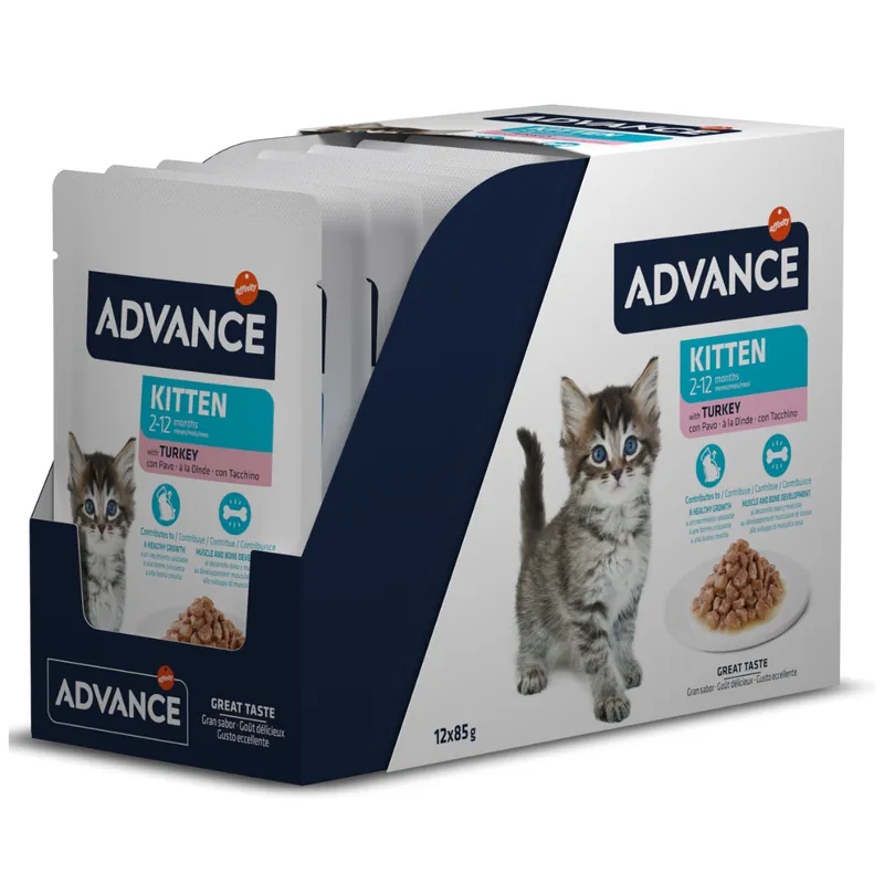 ADVANCE Cat Kitten, cu Curcan, Bax Plicuri Hrana Umeda Pentru Pui de Pisica (bucatele carne in sos) 12x85g Calitate înaltă