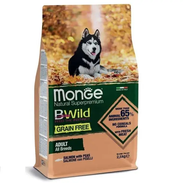 MONGE BWild Grain Free Adult All Breeds, cu Somon, Hrana Uscata Fara Cereale Pentru Caini, 2.5kg Preț promoțional