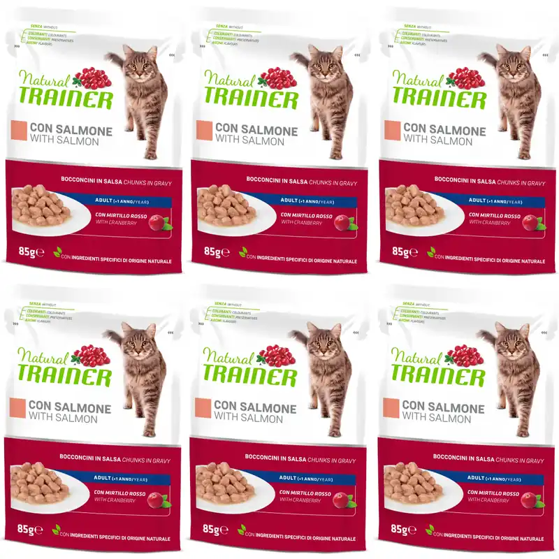 Preferatul clienților NATURAL TRAINER Cat, cu Somon, Set Plicuri Hrana Umeda pentru Pisici Adulte, 6x85g