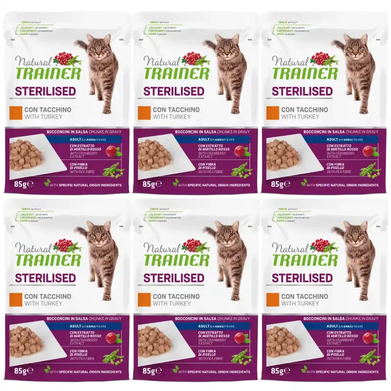NATURAL TRAINER Cat Sterelised, cu Curcan, Set Plicuri Hrana Umeda Pisici Sterilizate, 6x85g Retur ușor