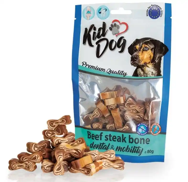 KIDDOG Beef Steak Bone – Recompense Oscioare cu Vită pentru Câini, Fără Gluten, cu Glucozamină și Condroitină, 80g Premium
