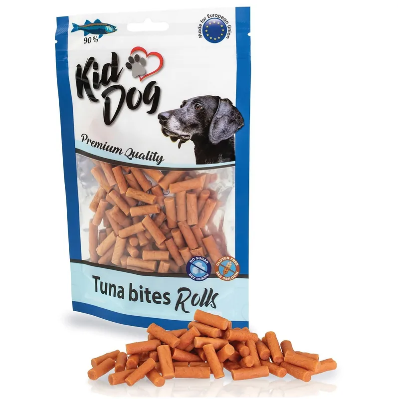KIDDOG Tuna Bites Rolls – Recompense Rulouri cu Ton pentru Câini, Fără Cereale și Zahăr, 80g Lichidare de stoc