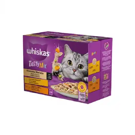 Whiskas Adult, hrana umeda pentru pisici, plic tasty mix meniu cremos, 12x85 gr Preț promoțional