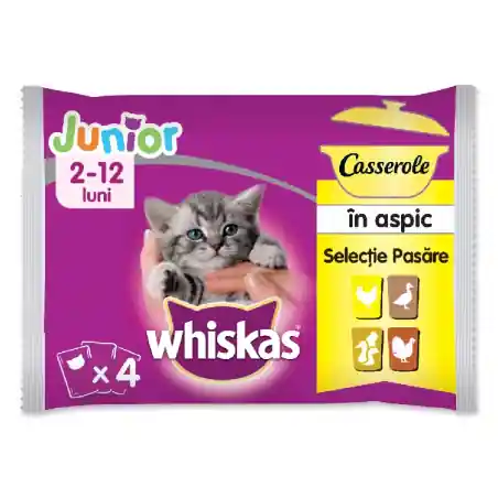 Whiskas junior Casserole, selectii pasare in aspic, 4x85 gr Reducere extra