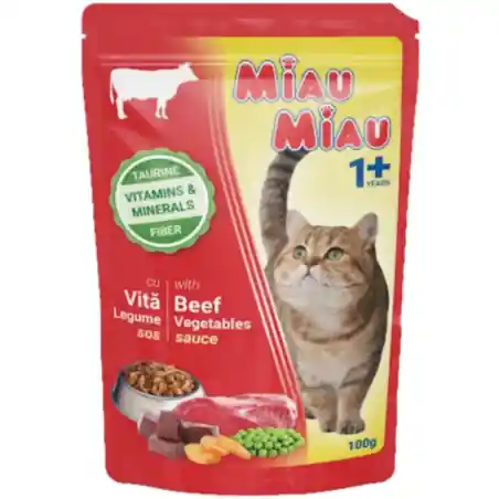Miau, Miau, hrana umeda pentru pisici, vita&legume in sos, 100 g Ofertă specială