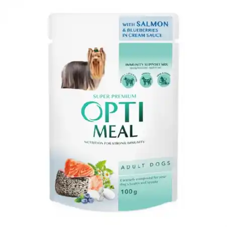 Disponibil imediat Optimeal, hrana umeda pentru caini, plic, somon si afine, 100 gr