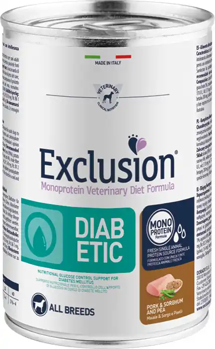 Reduceri Exclusion Dog Monoprotein Vet Diet Diabetic Pork & Sorghum and Pea conservă