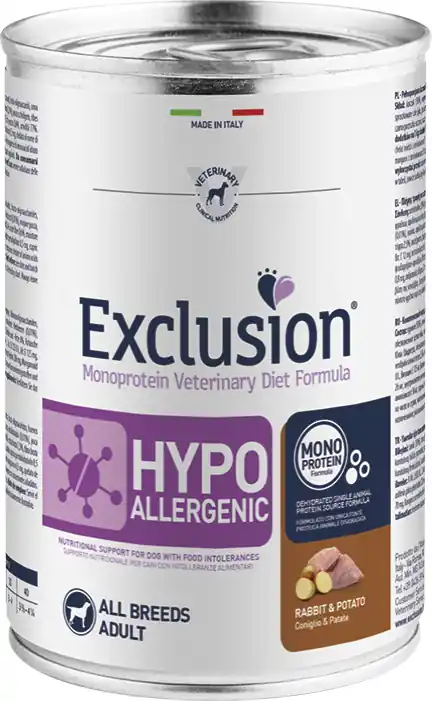 Exclusion Dog Monoprotein Vet Diet Hypoallergenic Rabbit & Potato conservă Popular