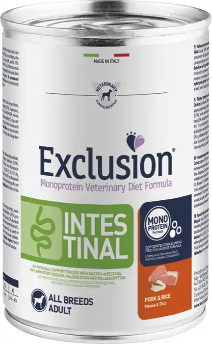 Cumpără acum Exclusion Dog Monoprotein Vet Diet Intestinal Pork & Rice All Breeds conservă