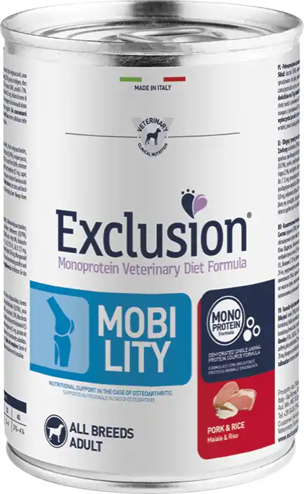 Exclusion Dog Monoprotein Vet Diet Mobility Pork & Rice conservă Calitate înaltă