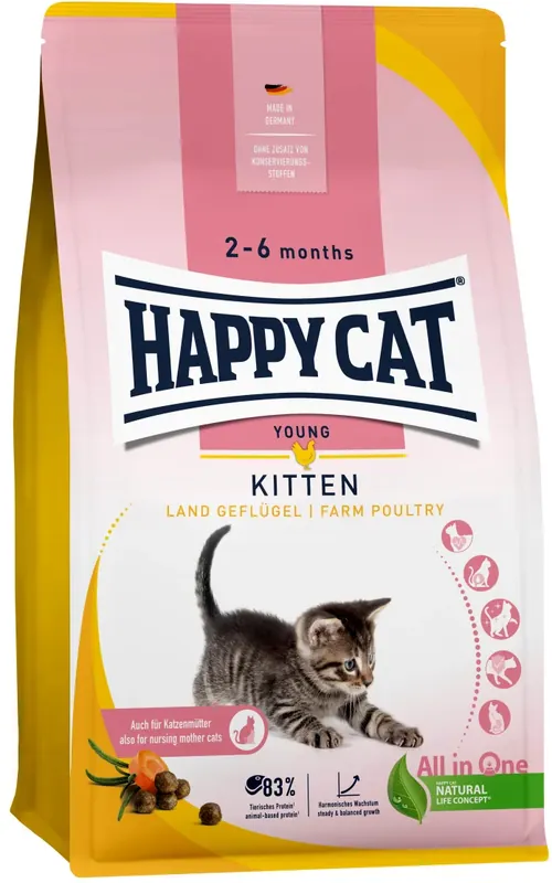Reducere extra Happy Cat Kitten Farm Poultry / Land Geflugel - Hrană pentru pisici junior 4-6 luni cu carne de păsări de curte