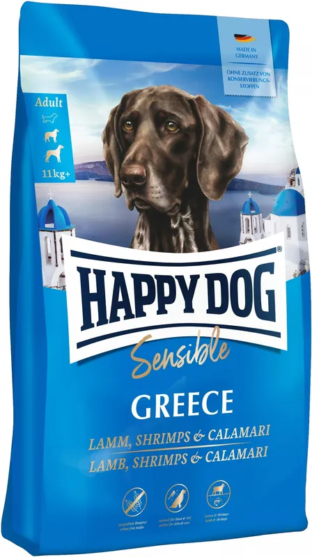 Happy Dog Sensible Greece - Hrană pt câini Adulți cu alergii (de peste 11 kg) de talie medie și mare cu miel, creveți și calmari, fără cereale Vezi acum