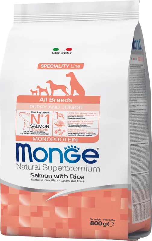 Monge Speciality Line Dog Puppy & Junior Monoprotein Salmon with Rice - Hrană pentru căței și câini juniori de toate rasele Monoproteică din somon și orez Preț mic