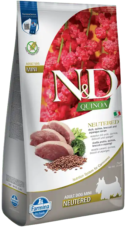 Nu rata N&D Dog Quinoa Neutered Adult Mini rață, quinoa, broccoli și sparanghel
