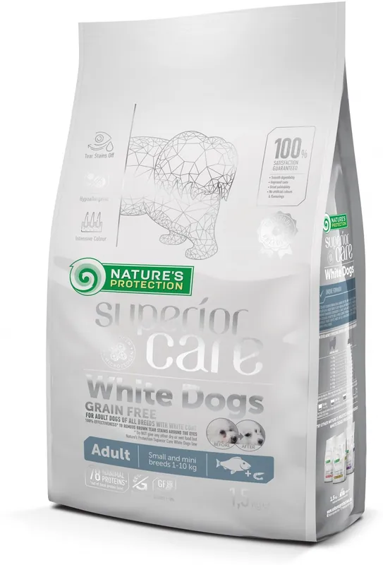 Nature‘s Protection Superior Care White Dogs Adult - Hrană pt câini Adulți cu blană albă de rase mici și mini (1-10 kg) cu pește alb și krill, fără cereale - înlătură lăcrimatul excesiv Ieftin