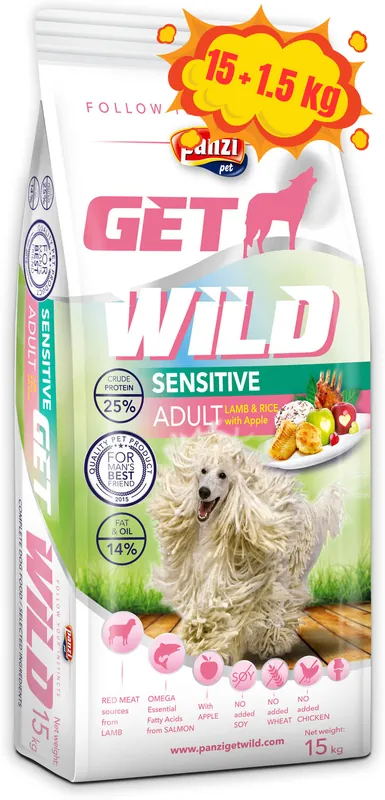 Plată sigură Panzi GetWild Dog Adult Sensitive Lamb & Rice with Apple - Hrană pentru câini Adulți cu stomac sensibil cu miel, orez și mere