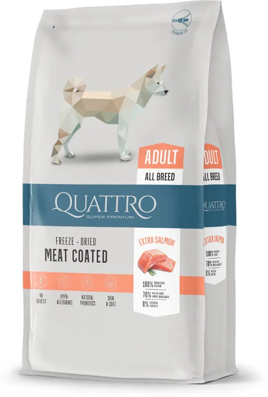 Ofertă specială Quattro Adult Salmon Meat Coated - Hrană hipoalergenică pt câini Adulți de toate rasele cu somon extra