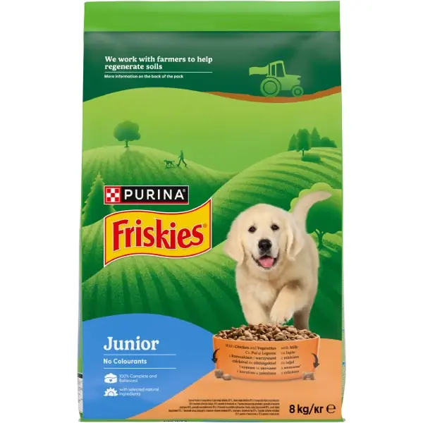 FRISKIES Hrană uscată pentru câini JUNIOR, cu Pui, Legume şi Morcovi Preț promoțional