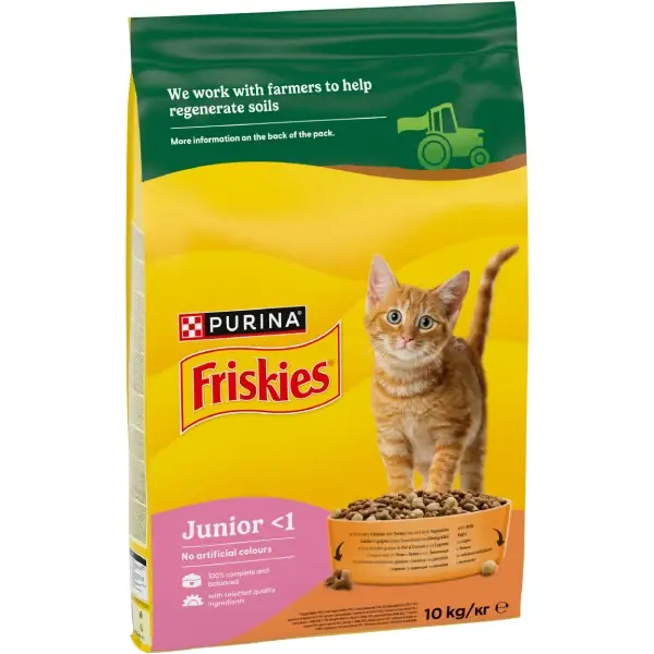 FRISKIES Hrană uscată JUNIOR Complete, cu Pui, Morcov şi bulete cu Lapte Preferatul clienților