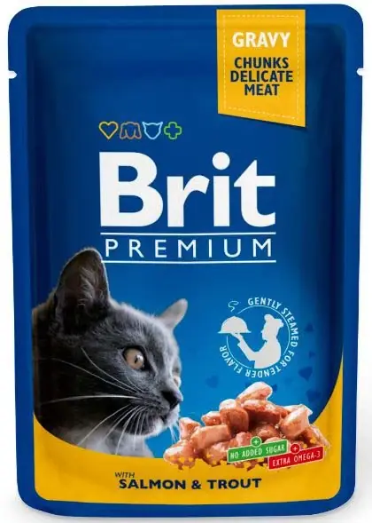 BRIT PREMIUM plic, Bucăţi în sos cu somon şi păstrăv 100g Livrare expres