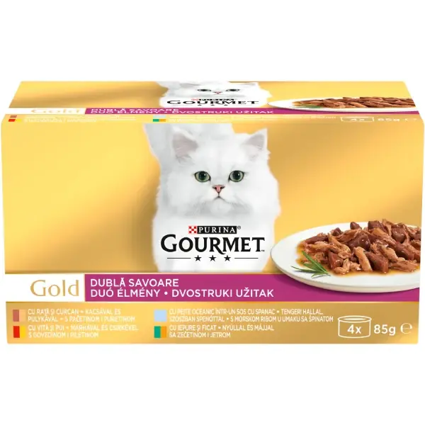 PURINA® GOURMET® GOLD Dublă Savoare, cu Vită și Pui, Rață și Curcan, Pește Oceanic și Spanac, Iepure și Ficat în sos, hrană umedă pentru pisici, 4x85 g Promoție