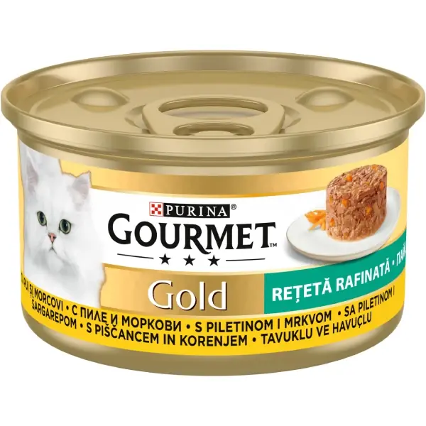 PURINA® GOURMET® GOLD Rețetă Rafinată, cu Pui și Morcovi, hrană umedă pentru pisici, 85 g Ofertă