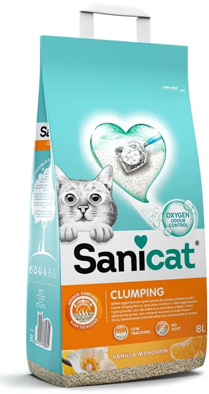 Super ofertă SANICAT Clumping Nisip pentru pisici, cu aromă de Vanilie şi Mandarină, 8L/7kg