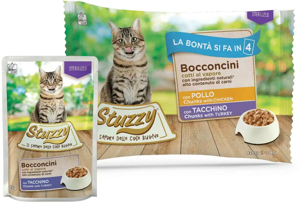 Ofertă limitată STUZZY Chunks Pachet plicuri ptr pisici sterilizate, cu Pui şi Curcan 4x85g
