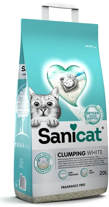 Cumpărături sigure SANICAT Clumping White, Nisip pentru pisici, fără aromă, 20L/18kg