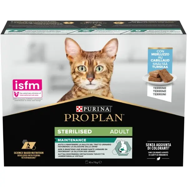 Plată sigură PRO PLAN® STERILISED MAINTENANCE Adult, terină cu Cod, hrană umedă pentru pisici, 10 x 75g