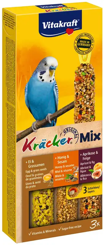 Chilipir VITAKRAFT Baton pentru peruşi, Trio-Mix cu Ou, Fructe, Miere 3 bucăţi, 80g