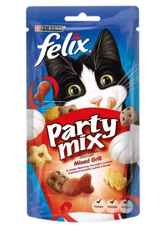 FELIX Party Mix Delicatese pentru pisici MIXED GRILL cu Pui, Vită şi Somon 60g Plată sigură