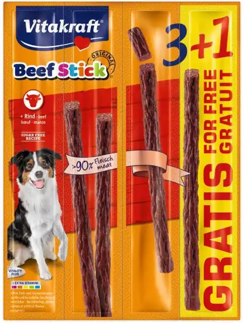 VITAKRAFT Delicatese pentru câini Beef Stick cu Vită 4 bucăţi, 48g, 3+1GRATIS Premium