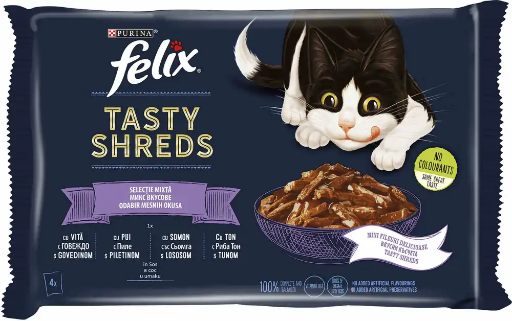 Calitate înaltă FELIX Tasty Shreds Selectie mixtă cu Vită, Pui, Somon şi Ton în sos 4x80g