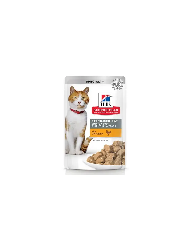 Bestseller Hill’s SP Feline Young Adult Sterilised cu Pui, 12x85g plic