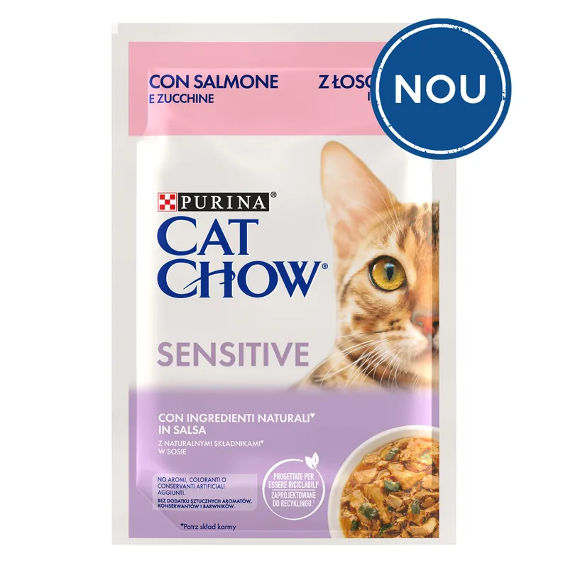 Hrana umeda pisici, Cat Chow Sensitive Somon Si Dovlecei, 85G Reducere specială