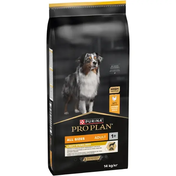 PRO PLAN® LIGHT / STERILISED Adult, bogat în pui, toate taliile, hrană uscată pentru câini, 14kg Premium