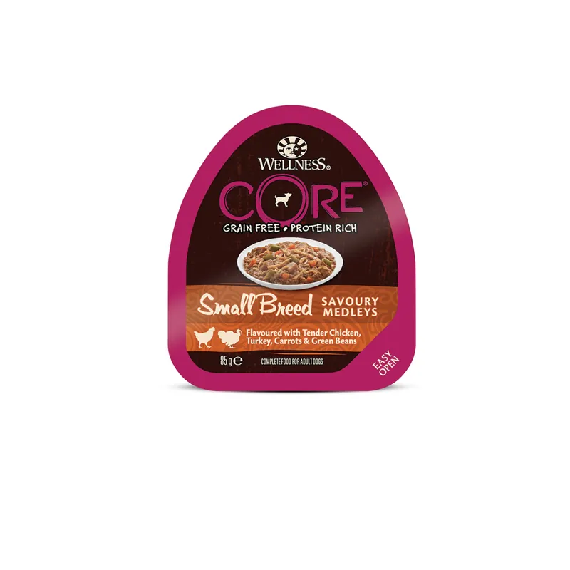 Cel mai bun preț Hrana umeda pentru caini Wellness Core Small Breed Savoury cu pui si curcan 85 g