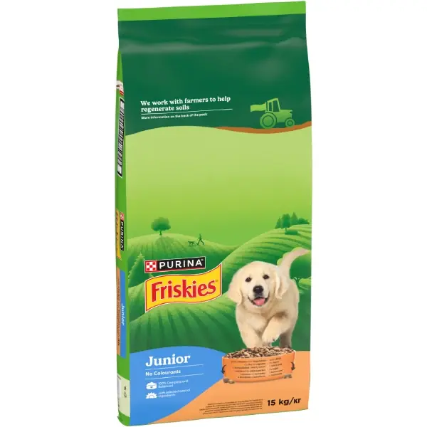 Hrana uscata pentru caini PURINA® FRISKIES® JUNIOR, cu Pui, Legume și Lapte 15kg Ofertă de sezon