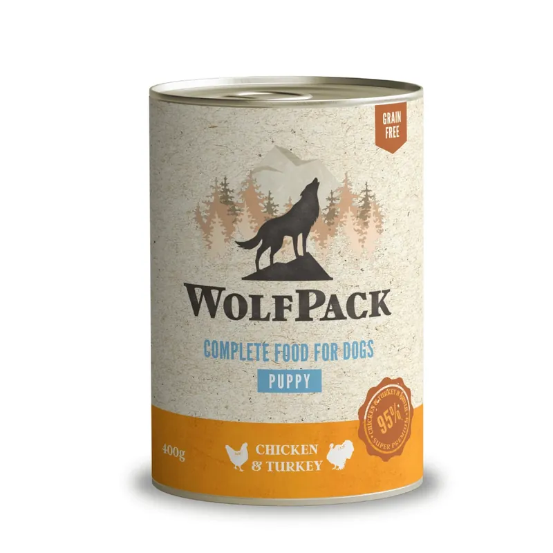 Ofertă specială Hrana umeda pentru caini Wolfpack Puppy Pui & Curcan 400g