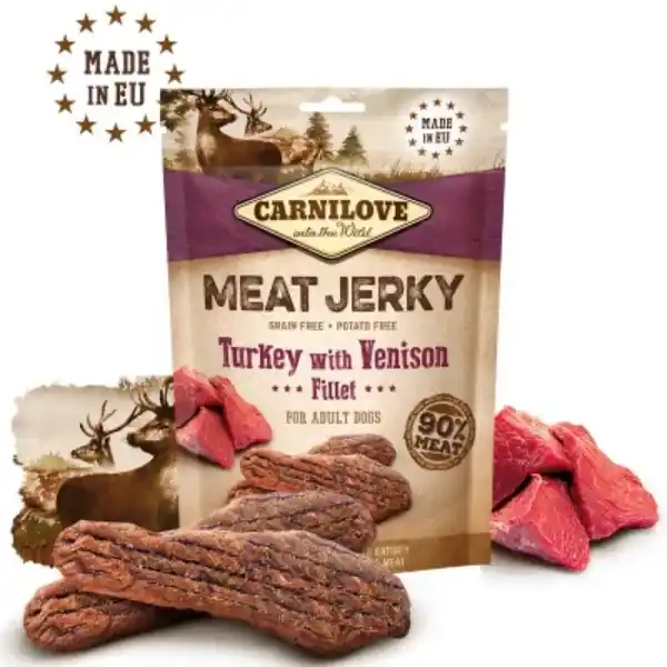 Mai ieftin Recompense pentru caini Carnilove Jerky File Curcan & Vanat 100g