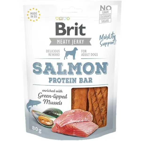 Recompense pentru caini Brit Jerky Baton Proteic cu somon 80g Super ofertă