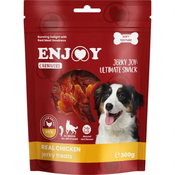Lichidare de stoc Recompense pentru caini Enjoy Carnivore Real Chicken Jerky Treats 300g