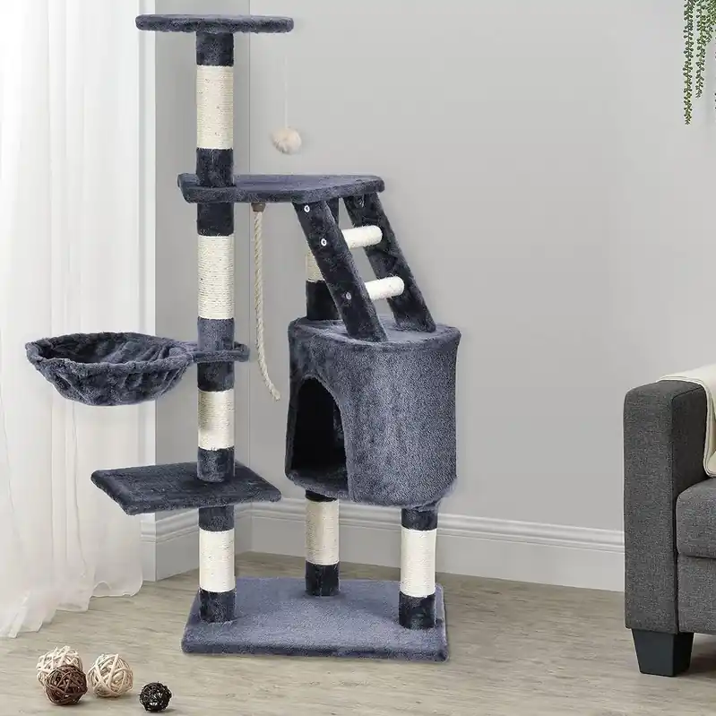 Ansamblu de joaca pentru pisici, Zola®, suport ascutit gheare, patut, cuib, 1 jucare soricel si sfoara, 118x49 cm, gri Reduceri
