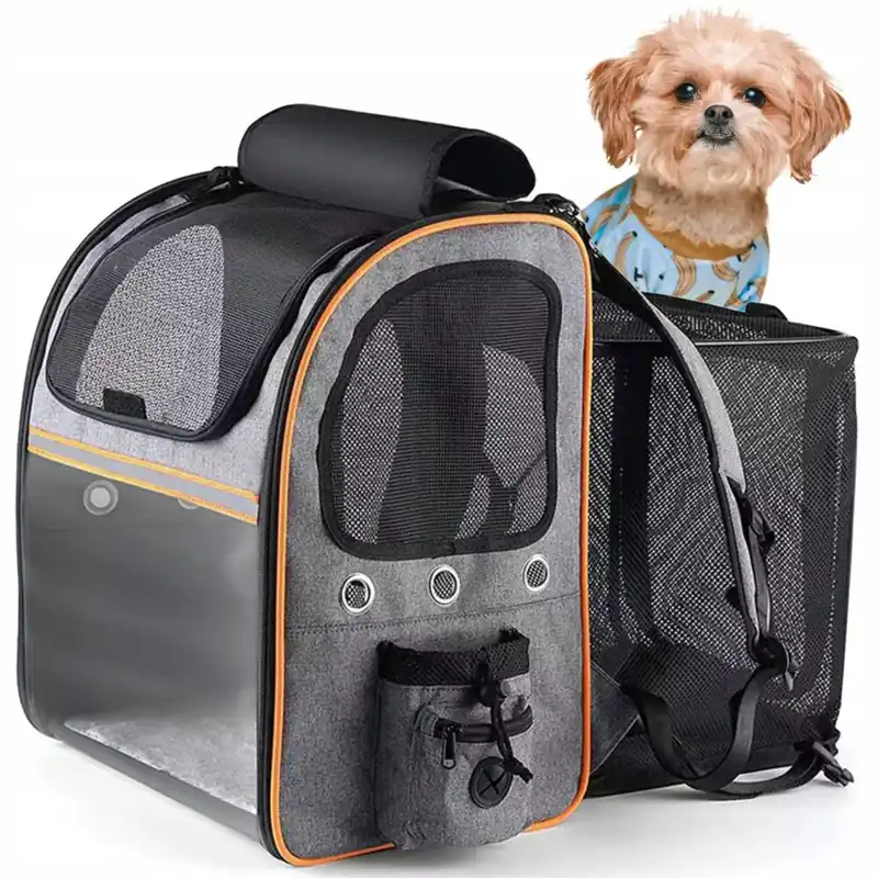 Popular Rucsac pentru transport animale, Zola®, fereastra frontala, deschieri de ventilatie, PVC si plastic, pentru pisici si animale mici, greutate maxima suportata 8 kg, gri-portocaliu
