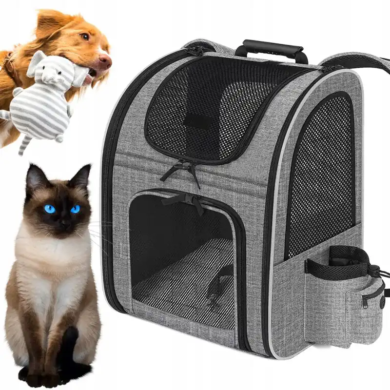 Disponibil imediat Rucsac pentru transport animale, Zola®, fereastra frontala, deschieri de ventilatie, PVC si plastic, pentru pisici si animale mici, greutate maxima suportata 6 kg, gri-negru