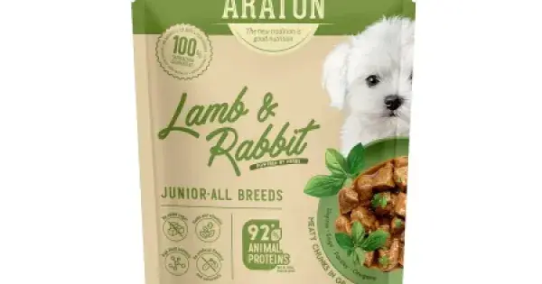 Reducere specială Araton Junior Dog Cubulete de Miel si Iepure in Sos 500 Gr