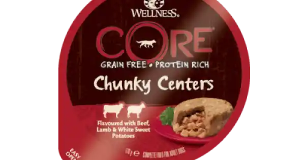 Disponibil imediat Hrana umeda pentru caini Wellness Core Chunky cu vita miel si cartof dulce 170 g