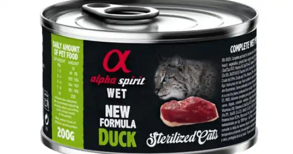 Hrană umedă Premium pentru pisică sterilizată Alpha Spirit, cu rață, 200 g Ofertă specială