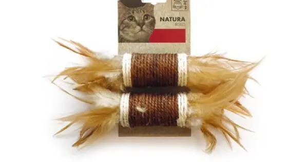 Popular Jucarie pentru pisici NATURA M-PETS, 2x rulouri din sfoara si pene, 24 cm Ø4,5 cm